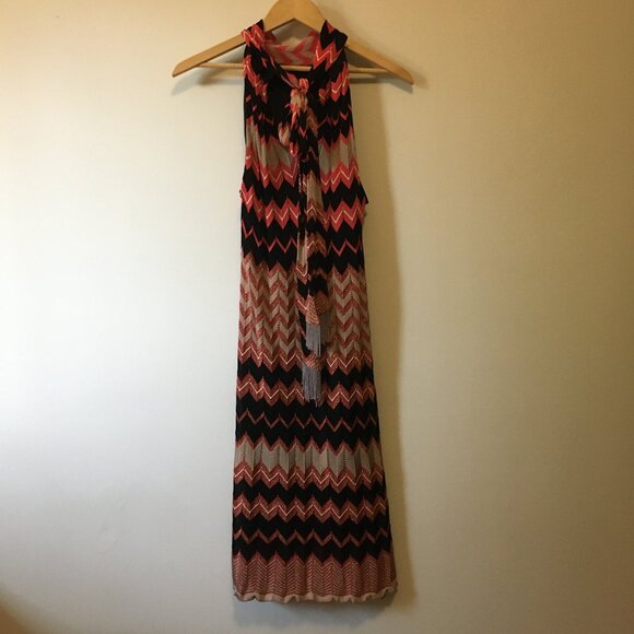 Hale Bob Zigzag Halter Neck Tassel Tie Up Pleated Flapper Dress - Picture 3 of 16